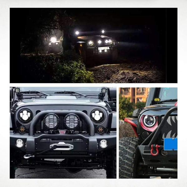 Planet Gates 7" LED Headlights 60W High Low Beam LED H4 Halo Angel Eye DRL Amber Turn Signal for Jeep Wrangler JK TJ Land Rover Harley