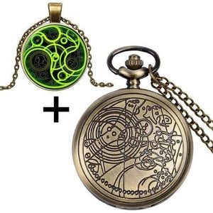Planet Gates 7 Quartz Pocket Watch with Dr. Who Symbols Glass Dome Pendant Necklace Chain Box DAD Top Gifts Set