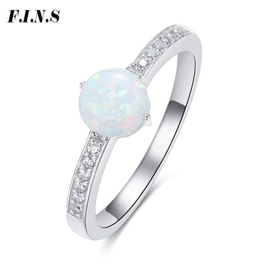 Planet Gates 7 / White F.I.N.S Simple Design 925 Silver Ring Blue White Imitation Fire Opal Rings for Women Wedding Crystal Paved Finger Rings