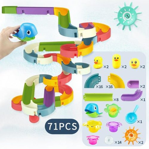 Planet Gates 71PCS Baby Bath Toys DIY Marble Race Run Assembling Track Bathroom Bathtub Kids Play Water Spray Toy Set Stacking Cups For Children