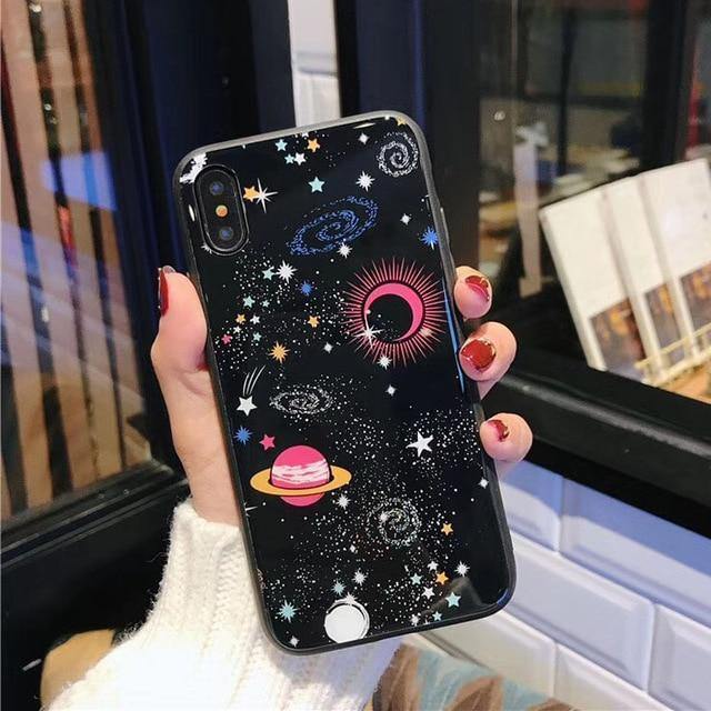 Planet Gates 7695 / For iPhone X USLION Glossy Space Planet Stars Phone Case For iPhone X XR XS Max Glass Hard Back Cover For iPhone 8 7 6 6s Plus Cases Coque