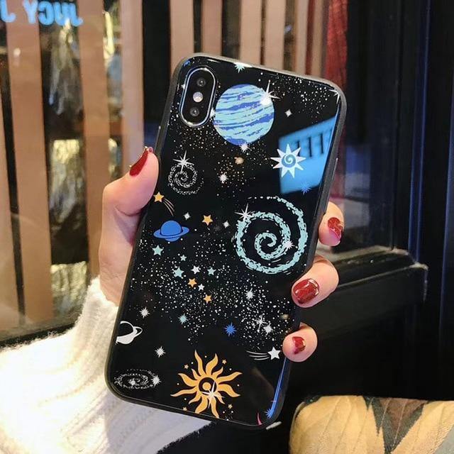 Planet Gates 7695 / For iPhone X USLION Glossy Space Planet Stars Phone Case For iPhone X XR XS Max Glass Hard Back Cover For iPhone 8 7 6 6s Plus Cases Coque