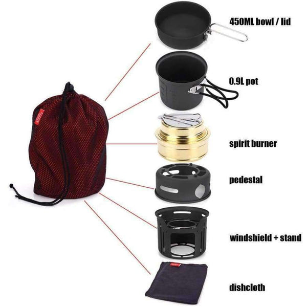 Planet Gates 7pcs Outdoor Camping Cooking Set Portable Stove Camping Cookware Pots Bowl Cooker Stove Picnic BBQ Travel 1-2Person