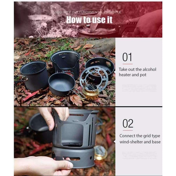 Planet Gates 7pcs Outdoor Camping Cooking Set Portable Stove Camping Cookware Pots Bowl Cooker Stove Picnic BBQ Travel 1-2Person