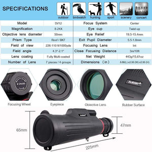 Planet Gates 8-24x50 Zoom Monocular High Magnification FMC Glass Lens HD Telescope Binoculars for Hunting Hiking Camping F9325A