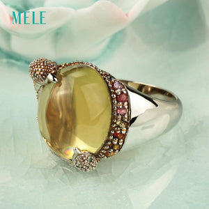 Planet Gates 8 / Pink Natural rose quarts and lemon quarts silver ring, oval 14mm*16mm, bright tourmalines, vivid dolphins, cute and lovely