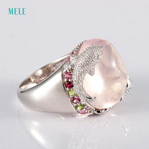 Planet Gates 8 / Pink Natural rose quarts and lemon quarts silver ring, oval 14mm*16mm, bright tourmalines, vivid dolphins, cute and lovely