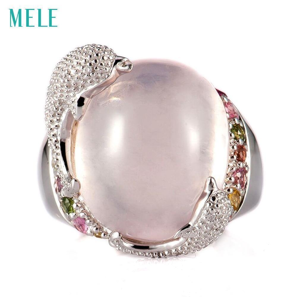 Planet Gates 8 / Pink Natural rose quarts and lemon quarts silver ring, oval 14mm*16mm, bright tourmalines, vivid dolphins, cute and lovely