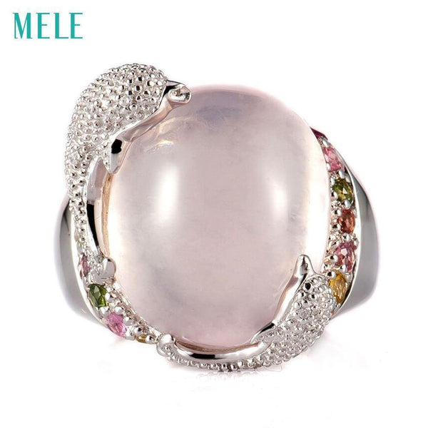 Planet Gates 8 / Pink Natural rose quarts and lemon quarts silver ring, oval 14mm*16mm, bright tourmalines, vivid dolphins, cute and lovely