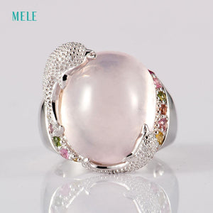 Planet Gates 8 / Pink Natural rose quarts and lemon quarts silver ring, oval 14mm*16mm, bright tourmalines, vivid dolphins, cute and lovely