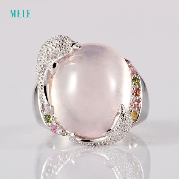 Planet Gates 8 / Pink Natural rose quarts and lemon quarts silver ring, oval 14mm*16mm, bright tourmalines, vivid dolphins, cute and lovely