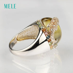 Planet Gates 8 / Pink Natural rose quarts and lemon quarts silver ring, oval 14mm*16mm, bright tourmalines, vivid dolphins, cute and lovely