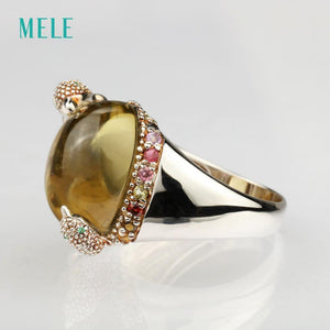 Planet Gates 8 / Pink Natural rose quarts and lemon quarts silver ring, oval 14mm*16mm, bright tourmalines, vivid dolphins, cute and lovely