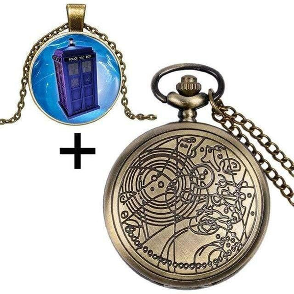 Planet Gates 8 Quartz Pocket Watch with Dr. Who Symbols Glass Dome Pendant Necklace Chain Box DAD Top Gifts Set