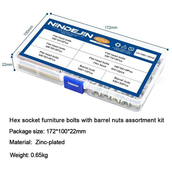 82pcs/set Hex Socket Flat Head Furniture Screws Barrel Nuts M6 Zinc Plated Baby Crib Screws Hardware Assortment Kit For Baby Bed (CX-7380.1-82HZ)