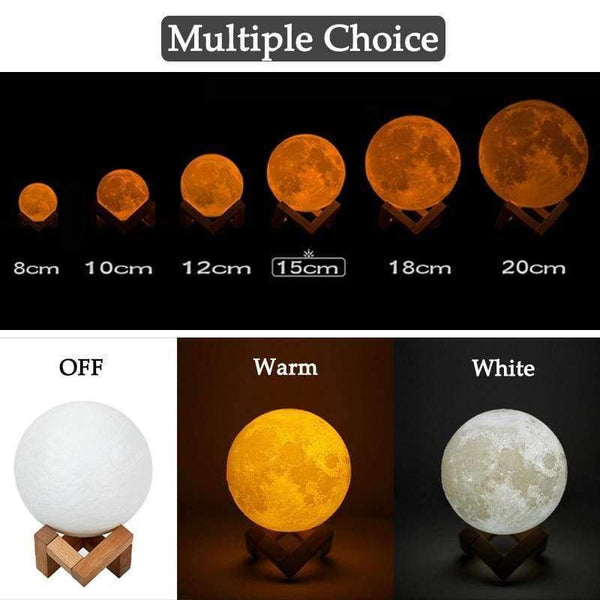 Planet Gates 8cm dobíjecí 3D tisková měsíční lampa LED noční světlo 2 barevné dotykové spínače Luna ložnicové měsíční světlo pro kreativní dárek domácí dekorace