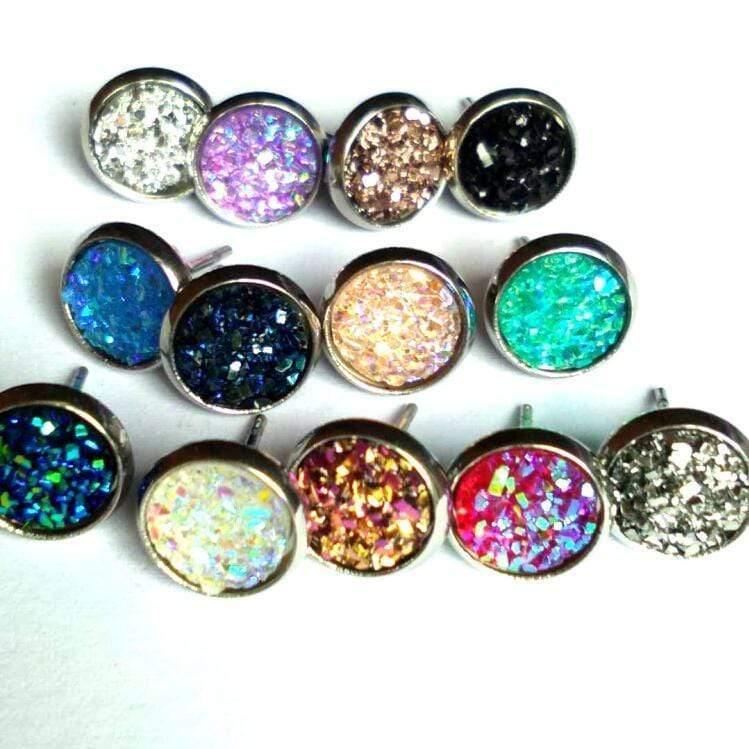 Planet Gates 8mm 12 Colors Stainless Steel Tiny Drusy Stud Earrings Round Cut Faux Druzy Earrings For Women 50 pairs/lot