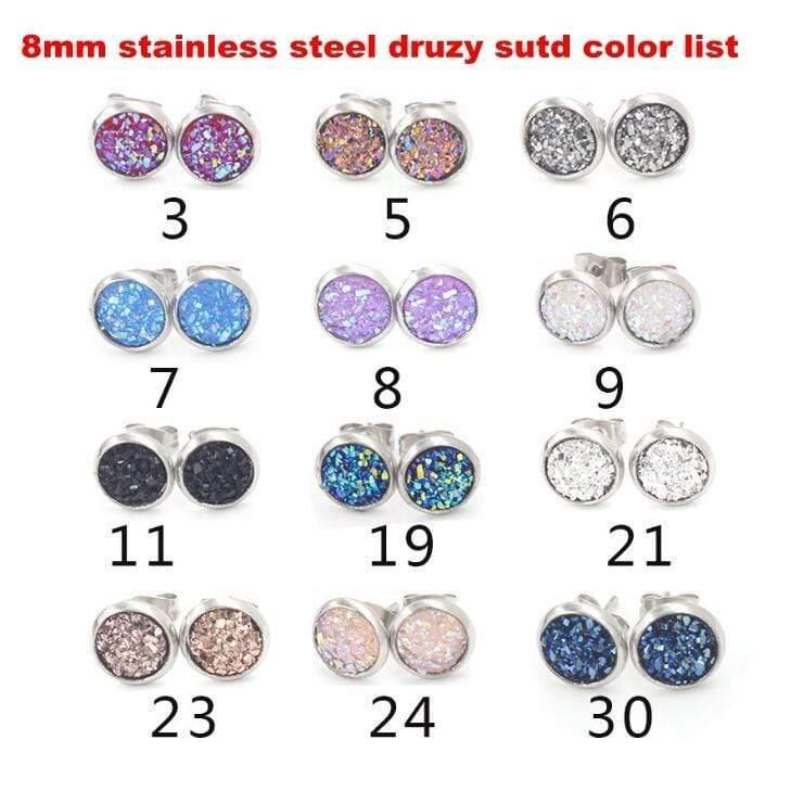 Planet Gates 8mm 12 Colors Stainless Steel Tiny Drusy Stud Earrings Round Cut Faux Druzy Earrings For Women 50 pairs/lot