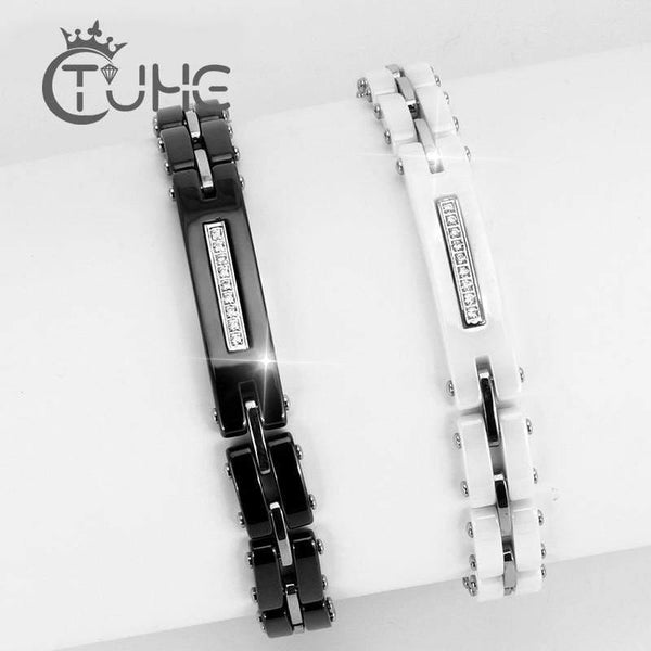 Planet Gates 8MM Width New Ceramic Bracelets With Bling Rhinestone Good Quality Black White Ceramic Women Bracelet With Watch Chain For Women