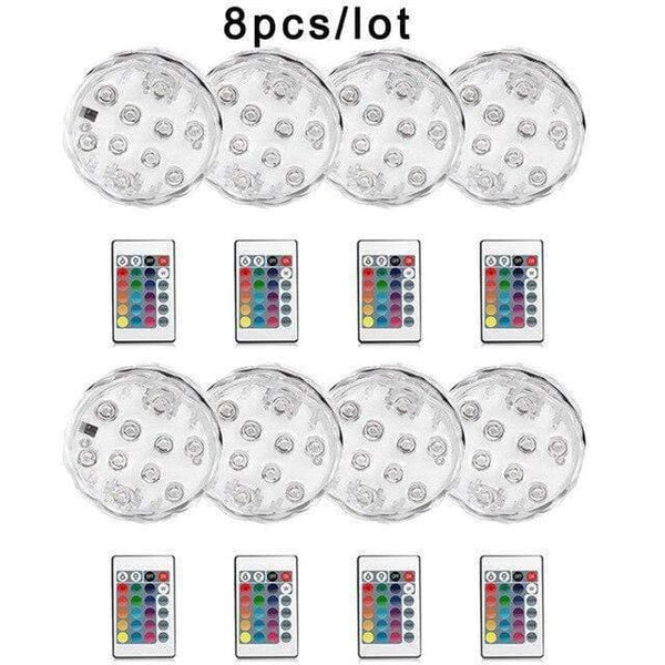 Planet Gates 8pcs Underwater LED Light Submersible IP68 Waterproof Battery Operated Remote Control Multi Color 10 LED RGB Swimming Pool Night Lamp