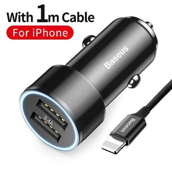 Planet Gates 8Pin Cable Baseus Metal Car Charger Adapter for Mobile Phone 3.4A Dual USB Car Phone Charger for iPhone Samsung & Micro USB / Type C Cable