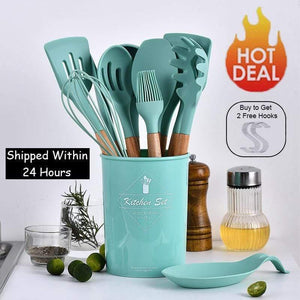 Planet Gates 9/10/12pcs Cooking Tools Set Premium Silicone Kitchen Cooking Utensils Set With Storage Box Turner Tongs Spatula Soup Spoon