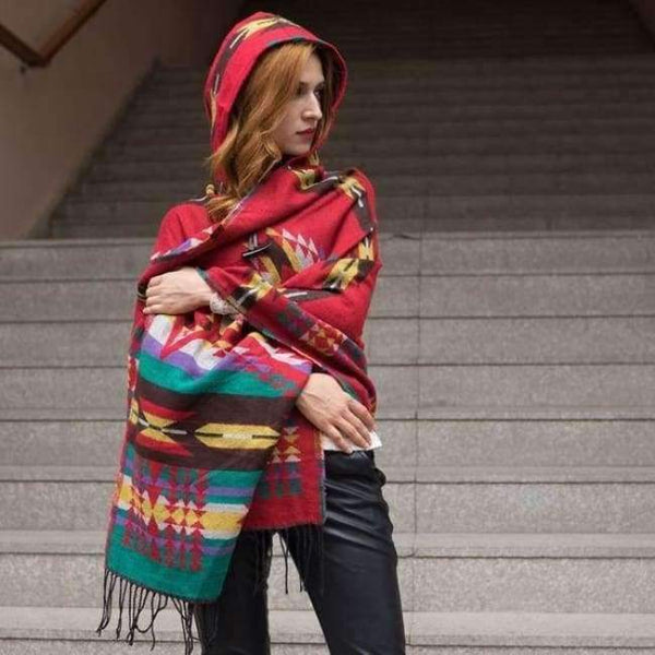Planet Gates 9 / One Size Women Winter Bohemian Hooded Coat Cape Wrap Poncho Shawl Scarf cotton and acrylic Tribal Fringe New Hoodie Dropshipping