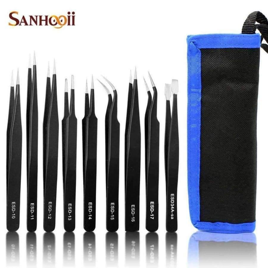 Planet Gates 9 PCS ESD Stainless Steel Tweezers Kit Precision Anti-static Maintenance Tools for Electronics Jewelry Phone Repairing