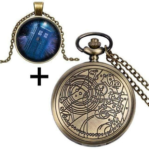 Planet Gates 9 Quartz Pocket Watch with Dr. Who Symbols Glass Dome Pendant Necklace Chain Box DAD Top Gifts Set