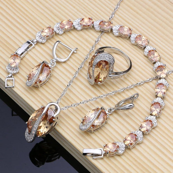 Planet Gates 925 Bridal Jewelry Champagne Zircon Jewelry Sets For Women Earrings/Pendant/Rings/Bracelet/Necklace Set