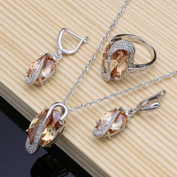 Planet Gates 925 Bridal Jewelry Champagne Zircon Jewelry Sets For Women Earrings/Pendant/Rings/Bracelet/Necklace Set