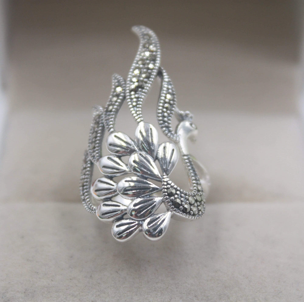 Planet Gates 925 Fine Sterling Silver Ring Women’s 35mm Big Ring Elegant Retro Peacock Zircon Ring US 6-9