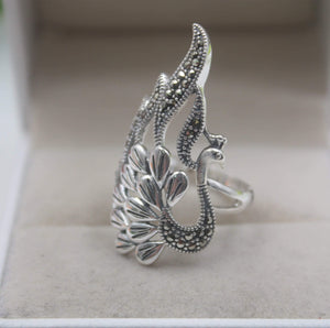 Planet Gates 925 Fine Sterling Silver Ring Women’s 35mm Big Ring Elegant Retro Peacock Zircon Ring US 6-9