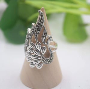 Planet Gates 925 Fine Sterling Silver Ring Women’s 35mm Big Ring Elegant Retro Peacock Zircon Ring US 6-9