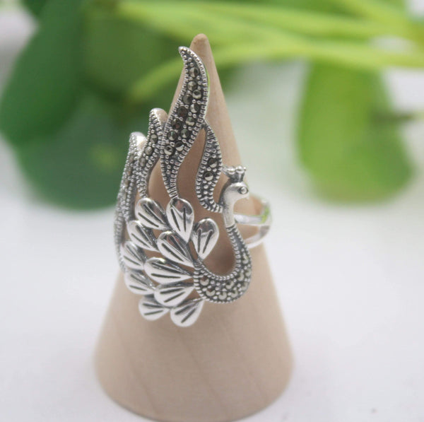 Planet Gates 925 Fine Sterling Silver Ring Women’s 35mm Big Ring Elegant Retro Peacock Zircon Ring US 6-9
