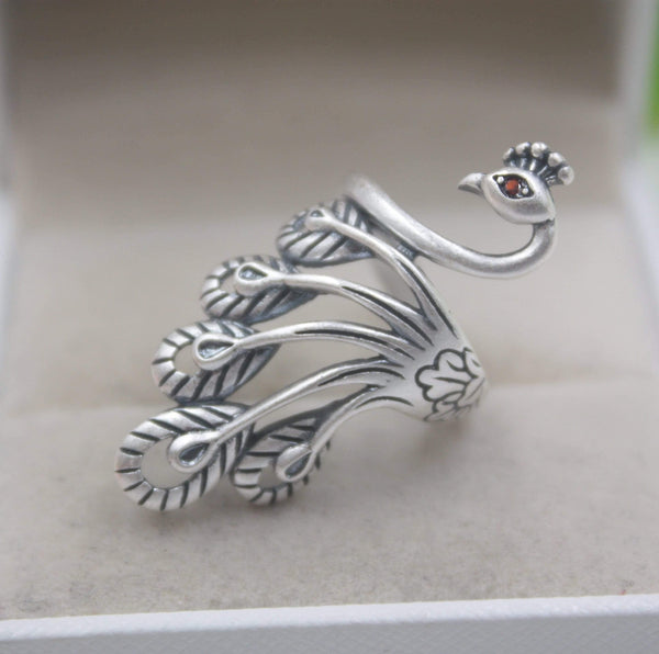 Planet Gates 925 Fine Sterling Silver Ring Women’s 39mm Big Ring Elegant Retro Peacock New Ring US 6-9