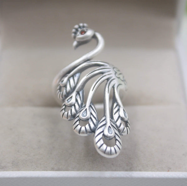 Planet Gates 925 Fine Sterling Silver Ring Women’s 39mm Big Ring Elegant Retro Peacock New Ring US 6-9