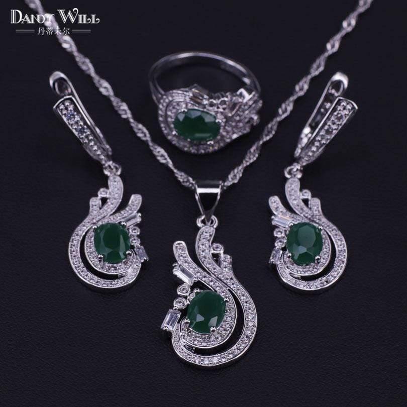 Planet Gates 925 Jewelry Costume Wedding Jewelry Sets Olive Green Zirconia Earrings For Women Rings Pendant Necklace Set Gift Box