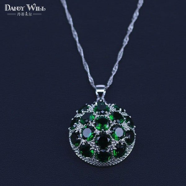 Planet Gates 925 Silver Costume Jewelry Set Lovely Round CZ Stone and Green Crystal Necklace Earring Ring Set For Women Present