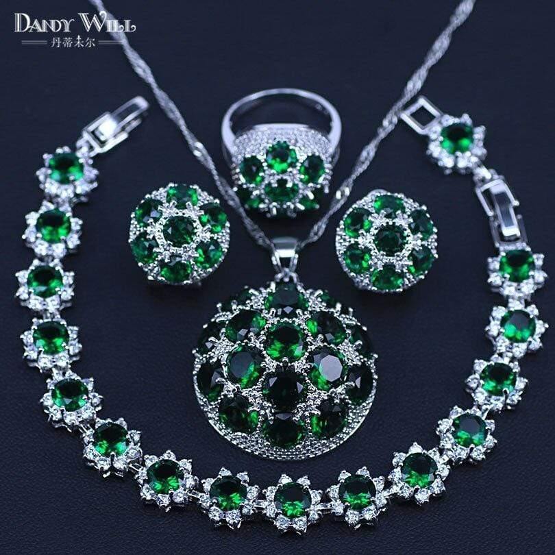Planet Gates 925 Silver Costume Jewelry Set Lovely Round CZ Stone and Green Crystal Necklace Earring Ring Set For Women Present