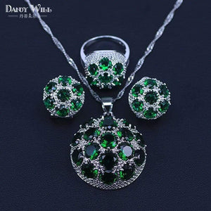 Planet Gates 925 Silver Costume Jewelry Set Lovely Round CZ Stone and Green Crystal Necklace Earring Ring Set For Women Present