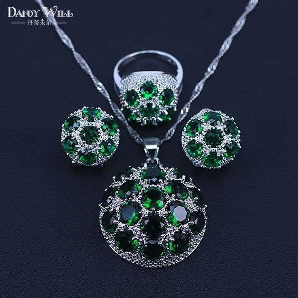 Planet Gates 925 Silver Costume Jewelry Set Lovely Round CZ Stone and Green Crystal Necklace Earring Ring Set For Women Present