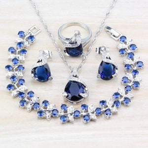 Planet Gates 925 Silver Costume Jewelry Sets For Women Bracelets/Necklace/Pendant/Stud Earrings/Rings With Natural Blue Stone CZ Wedding Set