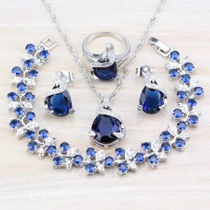 Planet Gates 925 Silver Costume Jewelry Sets For Women Bracelets/Necklace/Pendant/Stud Earrings/Rings With Natural Blue Stone CZ Wedding Set