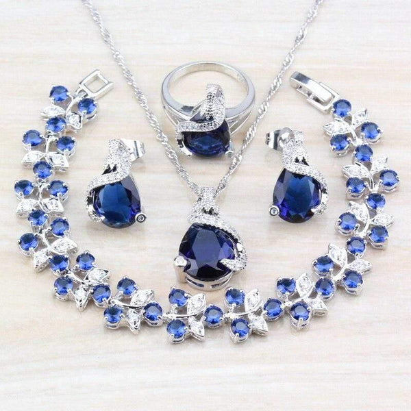 Planet Gates 925 Silver Costume Jewelry Sets For Women Bracelets/Necklace/Pendant/Stud Earrings/Rings With Natural Blue Stone CZ Wedding Set
