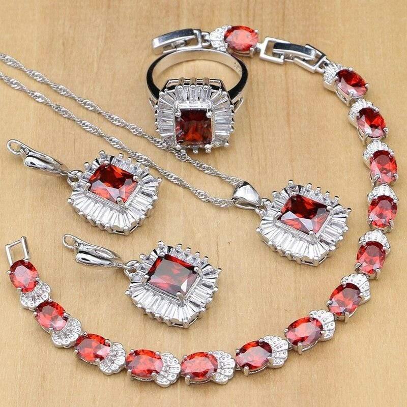 Planet Gates 925 Silver Jewelry Sets Red Zircon White Crystal Beads For Women Wedding Earrings/Rings/Necklace Set Dropshipping