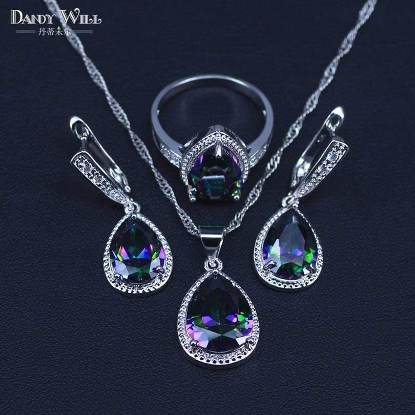 Planet Gates 925 Sterlig Silver Jewelry Set Multicolor Rainbow Zircon For Women Necklace Pendant Earrings Rings Free Gift Box
