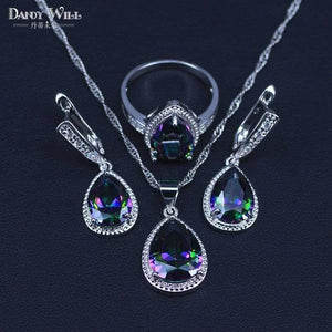 Planet Gates 925 Sterlig Silver Jewelry Set Multicolor Rainbow Zircon For Women Necklace Pendant Earrings Rings Free Gift Box