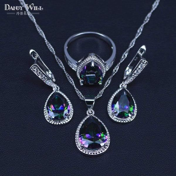 Planet Gates 925 Sterlig Silver Jewelry Set Multicolor Rainbow Zircon For Women Necklace Pendant Earrings Rings Free Gift Box