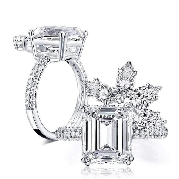 Planet Gates 925 Sterling Silver 4.0 Carat Big Emeralded Cut Flower Engagement Ring Simulated Diamond Women Wedding 9x11mm Silver Ring  Jewelry Gifts